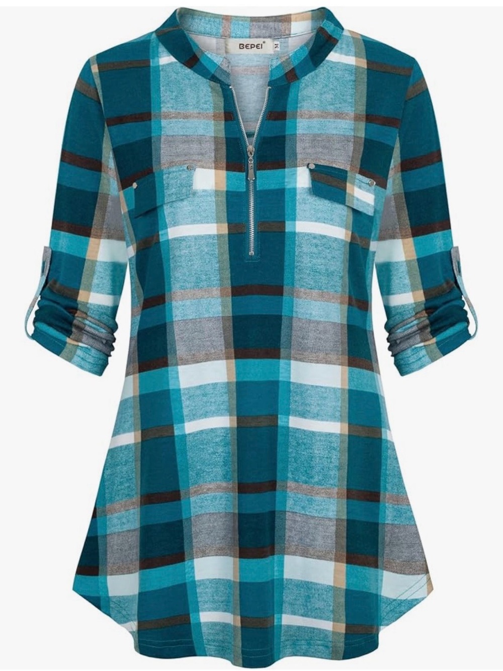 Teal Plaid Half-Zip Button-Tab Blouse